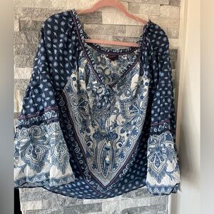 Women’s HALE BOB NWT floral paisley bohemian peasant blouse top-Blue-Size XL